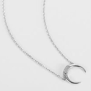 NEW Women’s Silver Crescent Moon Horn Simulated Pave Diamond Necklace, 16-18”